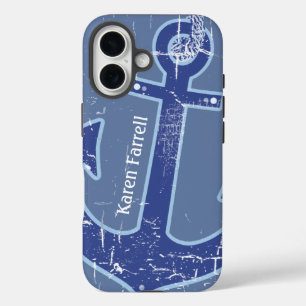 blauw nautisch zeezeilanker gepersonaliseerd iPhone 16 hoesje