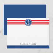 Blauw-nautische anker rode strepen, platte notitie notitiekaartje (Voorkant / Achterkant)