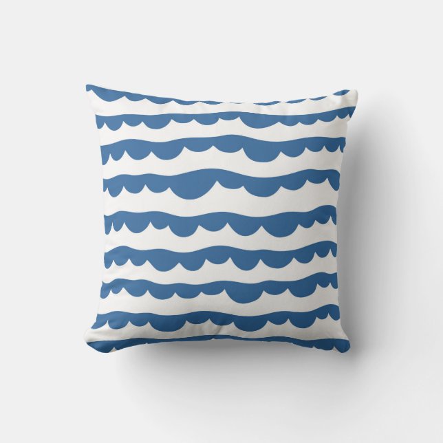 Blauw Nautische Scallop Edge Schetspatroon Kussen (Voorkant)