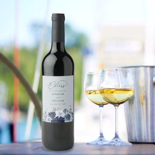 Blauw & Navy Bloemen Bruiloft - Blauw Grijs Wijn Etiket