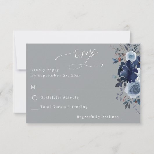 Blauw & Navy Bloemen geen Maaltijd RSVP - Grijs (Voorkant)