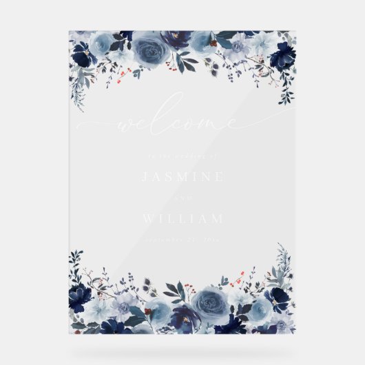 Blauw & Navy Bloemen Huwelijk Welkom 2- Wit Acryl Bord (Voorkant)
