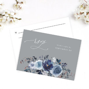 Blauw & Navy Bloemen W Maaltijd RSVP - Grijs Kaartje