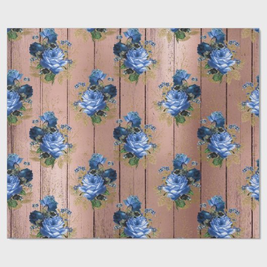 Blauw Navy Roos Hout Rustiek Bloemen Bruiloft Brui Cadeaupapier (Vlak)