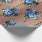 Blauw Navy Roos Hout Rustiek Bloemen Bruiloft Brui Cadeaupapier (Hoek)