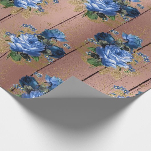 Blauw Navy Roos Hout Rustiek Bloemen Bruiloft Brui Cadeaupapier (Hoek)
