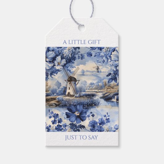 Blauw Nederlandse Chinoiserie Windmill Waterverf Cadeaulabel (Voorkant)