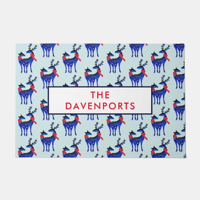 Blauw noords kerstrendierpatroon deurmat (Voorkant)
