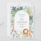 Blauw Oerwoud dieren 1e verjaardagsuitnodiging Jon Kaart (Voorkant)