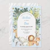 Blauw Oerwoud dieren 1e verjaardagsuitnodiging Jon Kaart (Voorkant / Achterkant)