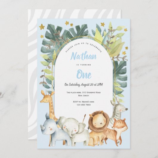 Blauw Oerwoud dieren 1e verjaardagsuitnodiging Jon Kaart (Voorkant / Achterkant)