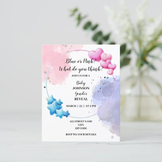 Blauw of roze geslacht onthullen uitnodiging (Staand voorkant)