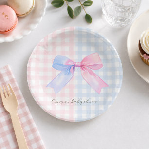 Blauw of Roze Gingham Strik Geslacht Onthulling Ba Papieren Bordje