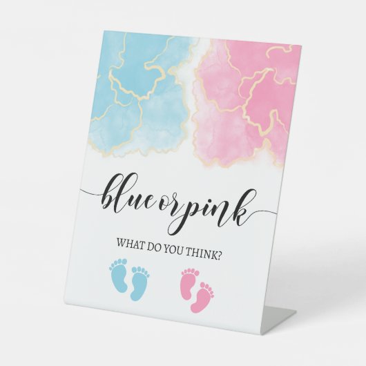 Blauw of roze goudgeslacht onthullen baby shower reclamebord met voetstuk (Voorkant)