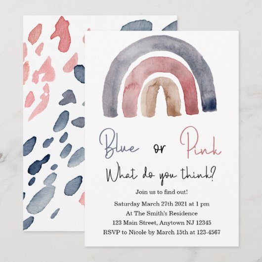 Blauw of roze wat u denkt van regenbooguitnodiging kaart (Voorkant / Achterkant)