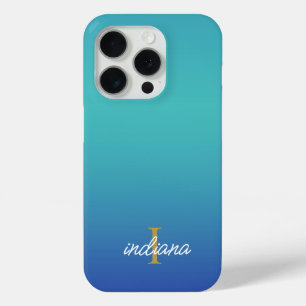 Blauw Ombre Monogram Script Modern iPhone 15 Pro Case