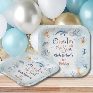Blauw onder de zee jongens 1e verjaardag papieren bordje