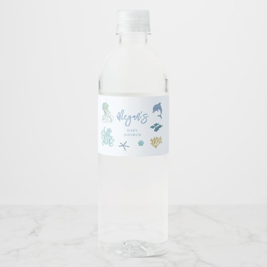 Blauw onder het Baby shower Zee Waterfles Etiket (Voorkant)