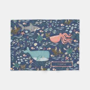 Blauw onder Zee Coral Octopus Whale Shark Name Fleece Deken