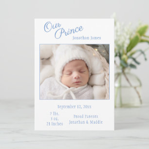 Blauw onze prins foto jongen baby geboorteaankondi aankondiging