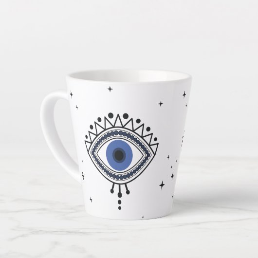 Blauw oog als toversymbool voor succes latte mok (Linkerhoek)