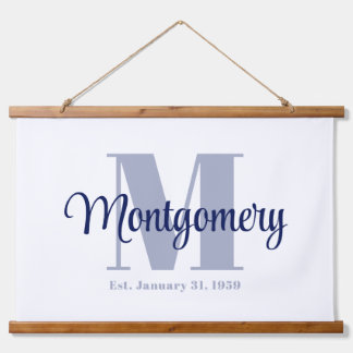 Blauw op maat gemaakte familienaambordje huwelijks hangend wandkleed