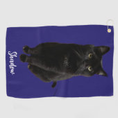 Blauw op maat gemaakte zwart kat foto en naam gepe golfhanddoek (Horizontaal)