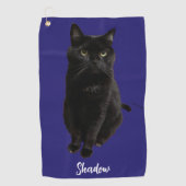 Blauw op maat gemaakte zwart kat foto en naam gepe golfhanddoek (Voorkant)