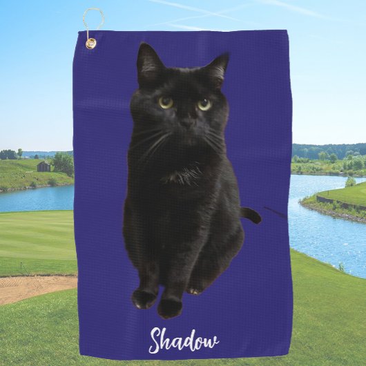 Blauw op maat gemaakte zwart kat foto en naam gepe golfhanddoek