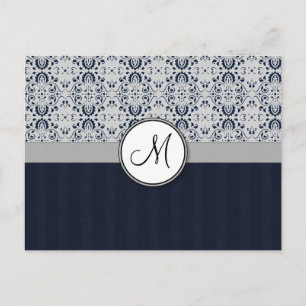 Blauw op Silver Damask w Navy Stripes en Monogram Briefkaart