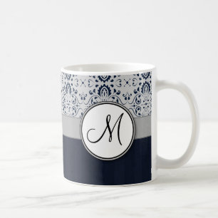 Blauw op Silver Damask w Navy Stripes en Monogram Koffiemok