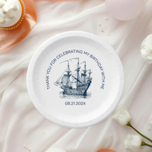 Blauw op Witte Vintage Boot Verjaardagsfeest Papieren Bordje