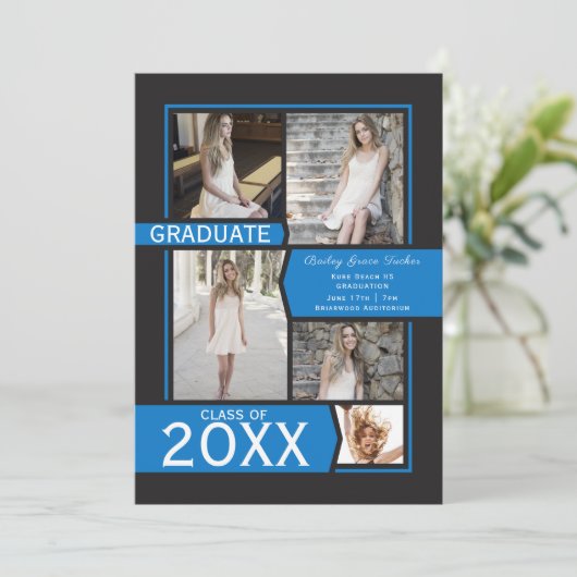 Blauw op zwart Afstuderen voor fotocollage Aankondiging (Staand voorkant)