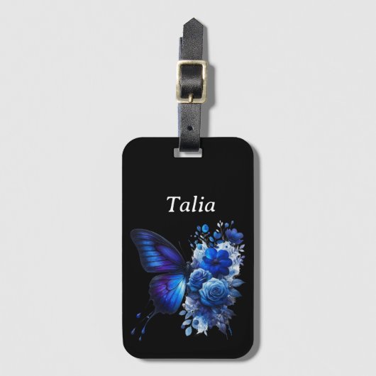 Blauw op zwart bloemenvlinder gepersonaliseerd bagagelabel (Voorkant (verticaal))