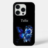 Blauw op zwart bloemenvlinder gepersonaliseerd Case-Mate iPhone case (Achterkant)