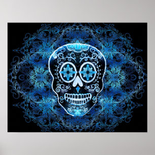 Blauw op zwarte Calavera-afdruk Poster