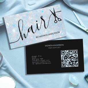 Blauw Opal Glitter Haar Script Schaar QR Code Visitekaartje