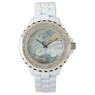 BLAUW OPAL MARBLE SPARKLE DIAMONTE MET 2 BAND HORLOGE