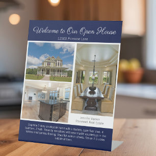 Blauw Open Huis Makelaardij Foto Reclamebord Met Voetstuk