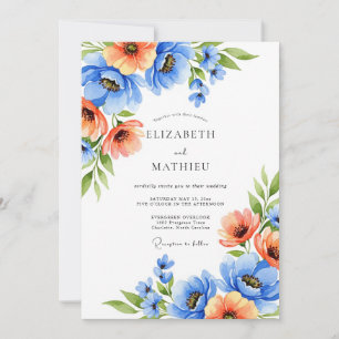 Blauw Oranje Bloeiende Romantische Bruiloft Kaart