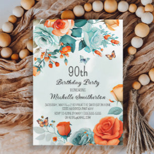 Blauw Oranje Bloem Vlinders 90ste Verjaardag Kaart