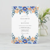 Blauw Oranje Bloemrijke Bosbruiloft Kaart (Staand voorkant)