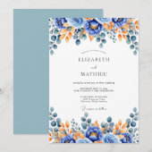 Blauw Oranje Bloemrijke Bosbruiloft Kaart (Voorkant / Achterkant)