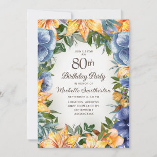 Blauw Oranje Floral 80th Birthday Kaart