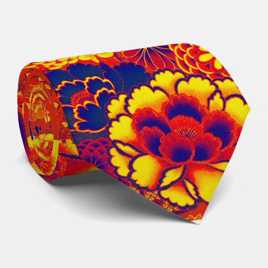 BLAUW ORANJE FLOWERS Peony, Rozen Japanse Floral Stropdas (Opgerold)