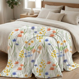 Blauw Oranje Geel Aquarel Wilde Bloem Fleece Deken