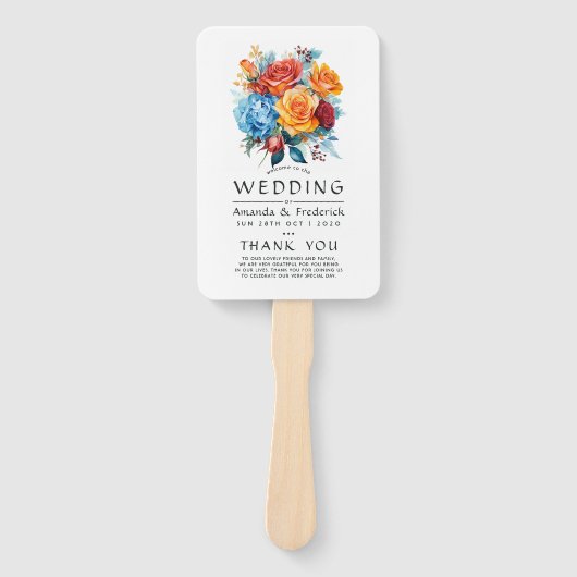 Blauw, Oranje, Geel En Rood Bloemen Bruidsprogramm Handwaaier (Voorkant)