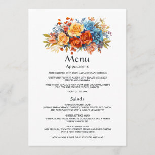 Blauw, Oranje, Geel en Rood Bloemstuk Bruiloft Menu