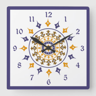   blauw Oranje Genummerde wandklok Vierkante Klok