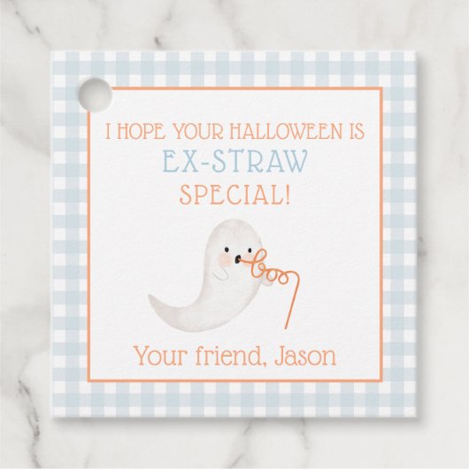 Blauw Oranje Ghost Ek-stro Halloween Strw Kinder Bedankjes Labels (Voorkant)